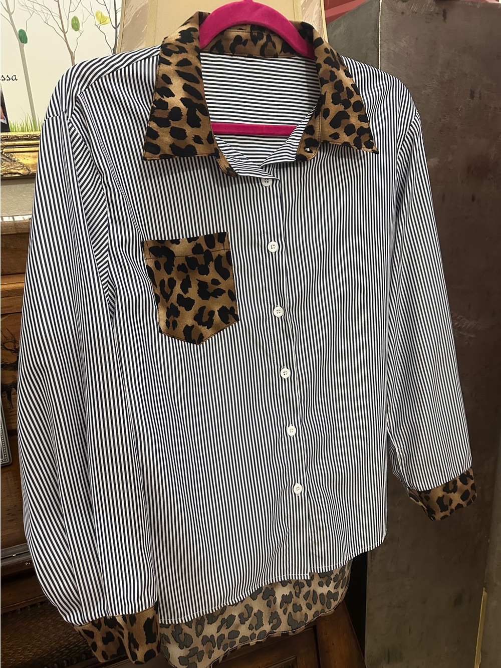 Leopard Print Striped button down long sleeve shirt